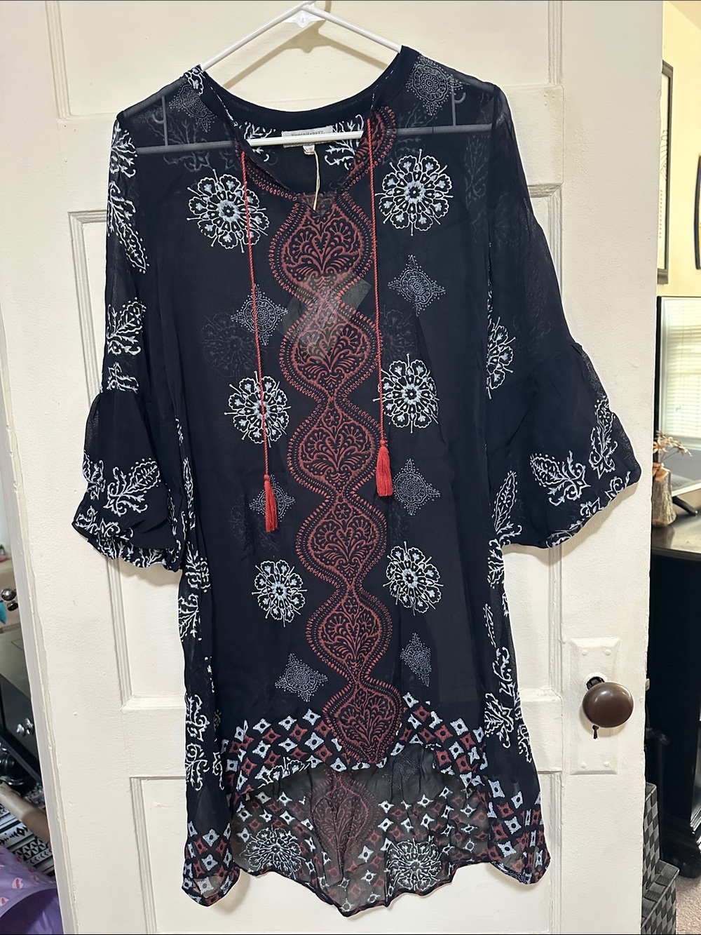 Cost Plus World Market Blue Sheer Taylor Dress with Red and White Print